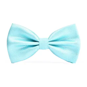 Detailed shot of sky blue textured bow tie, classic double layer design for formal wear.
