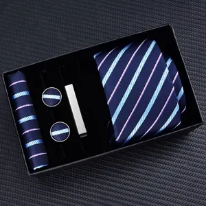 Men's navy blue striped necktie gift set with pocket square, cufflinks and tie clip.