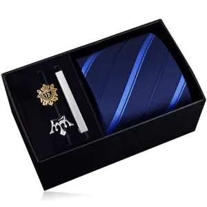 Men's business formal tie gift set with blue striped zipper tie, cufflinks, and tie clip.