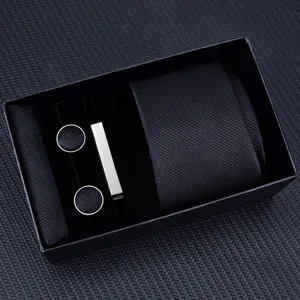 Men's Black Necktie Gift Box Set With Cufflinks Tie Clip Pocket Square Detail View