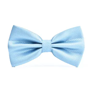 Detailed close-up of light blue textured bow tie fabric, showing fine diamond pattern weave.