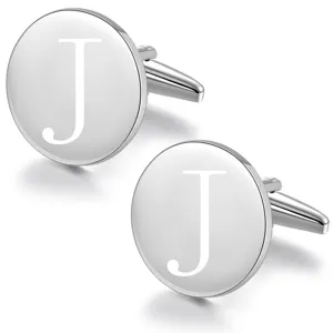 Silver tone round initial letter J cufflinks for men business formal dress shirt cuffs new