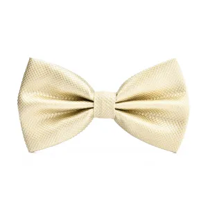 Close-up of golden textured bow tie showing fine mesh pattern and elegant fabric layer.