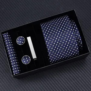 Men luxury blue checkered pattern tie pocket square cufflink tie clip gift set detail view