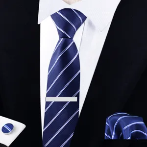 Ensemble Cravate Rayée Bleu Marine Homme Costume Mariage Pince Cravate Pochette Boutons