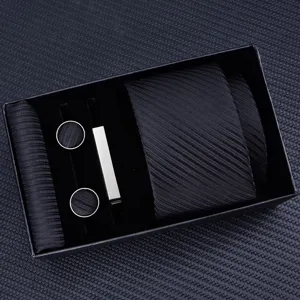 Mens black gift set tie cufflinks tie clip pocket square formal business wear box
