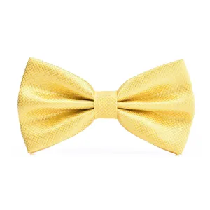 Yellow textured bow tie detail shot, premium fabric formal men neckwear accessory.