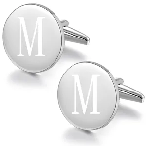 Silver round brass metal cufflinks with custom letter M engraving for men business shirt.
