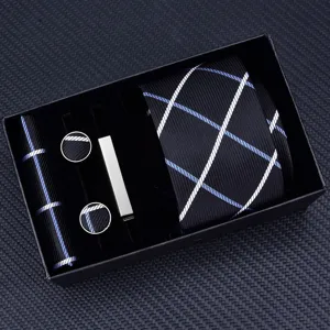 Men's plaid tie gift set including necktie pocket square cufflinks and tie clip.