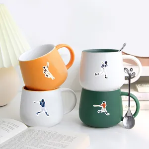 Ceramic coffee mug with baseball player pattern, creative milk cup set with spoon for daily home use.