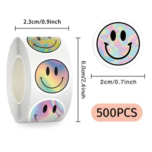 500 Stk holografische Smiley Aufkleber Rolle wasserdichte niedliche Belohnungslabel