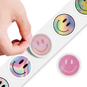 Holografische Smiley Gesicht Aufkleber Rolle Wasserdichte Klebeetiketten fuer Tasse Becher