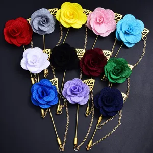 Multi-color fabric camellia lapel pin with chain, elegant wedding boutonniere for men.