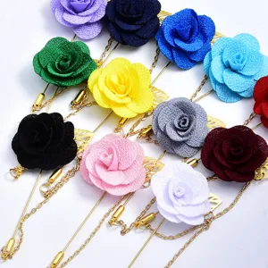 Camellia flower chain brooch detail, colorful fabric lapel pin for wedding party suit decor.