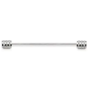 Close-up detail of polished silver metal shirt collar pin featuring textured cylindrical ends.