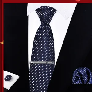 Mens blue polka dot necktie set with tie clip pocket square cufflinks and gift box for wedding