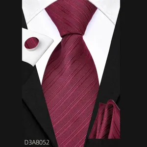 Men's business burgundy tie pocket square cufflink set detail view, elegant fabric design.