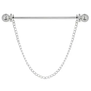 Close-up detail of silver-toned metal shirt collar pin with chain tassel and round ends.