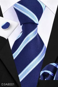Men business striped necktie set with pocket square and cufflinks 8cm width detail view
