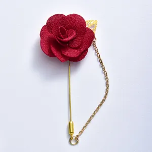 Red fabric camellia flower brooch with gold long pin and chain for wedding groom suit.
