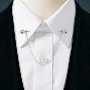 Men's silver metal collar pin with delicate chain detail, elegant shirt accessory for suits.