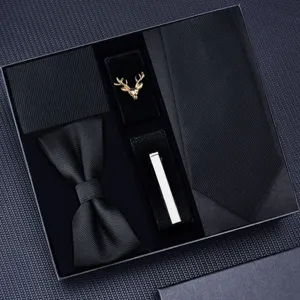 Men's formal black tie set with bow tie pocket square brooch and tie clip gift box