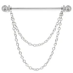 Silver tone metal shirt collar pin with stylish double hanging chains detail accessory