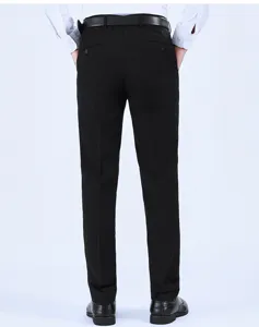 Back view of men black business suit pants, showcasing slim fit and rear pocket details.