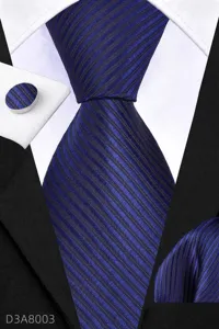 Detailed view of men's blue striped fabric tie, pocket square, and matching cufflink set.