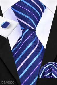 Detailed view of the blue striped men's necktie, pocket square, and cufflink matching set.