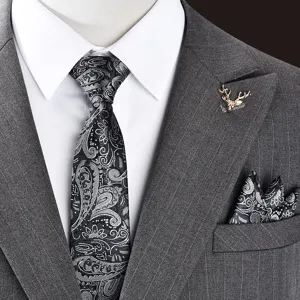 Men's black grey paisley tie set with pocket square and lapel pin for business suit.