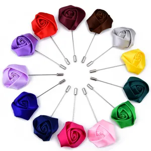 Colorful satin rose lapel pin brooch for wedding groom bride party event suit decoration.