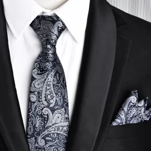 Men's black grey paisley tie and pocket square set, classic wedding business necktie accessory.