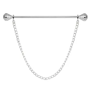 Detail shot of the silver men collar pin featuring sparkling rhinestone ends and delicate hanging chains.