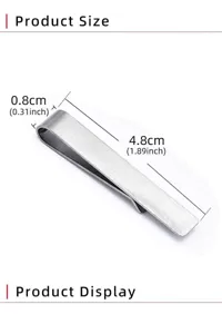 Stainless steel brushed tie clip detail view showcasing compact 4.8cm length and slim width.