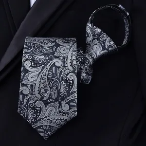 Men's black grey paisley pattern zipper tie detail view, elegant retro gentleman necktie