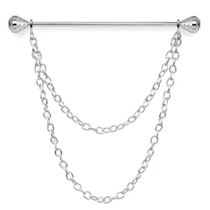 Men's metal shirt collar bar with double chain drapes and crystal rhinestones decor.