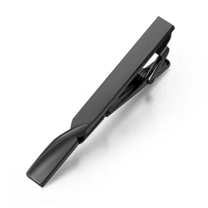 Black metal tie clip detail close-up, elegant minimalist design for business men suit accessories.