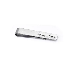 Stainless steel tie clip detail view, brushed silver metal finish with custom Best Man engraving.