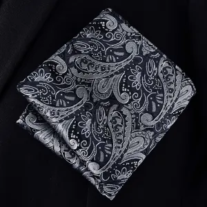 Classic black and grey paisley pocket square for men, elegant suit handkerchief accessory.