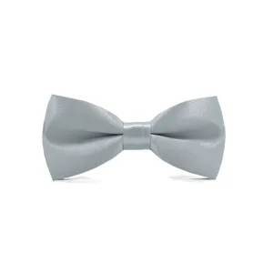 Silver satin children bow tie for boys and girls, elegant neckwear accessory detail view.