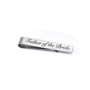Stainless steel tie clip with laser engraved Father of the Bride text, wedding accessory.