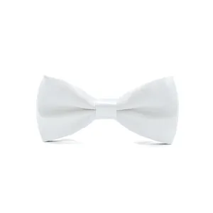 Detail view of a smooth white satin bow tie, showcasing the delicate fabric texture and neat knot.