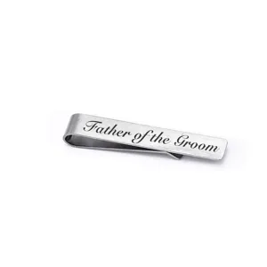 Stainless steel tie clip with brushed laser engraved Father of the Groom design for wedding.