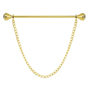 Gold-tone rhinestone collar pin with tassel chain for men's formal dress shirt detail view.