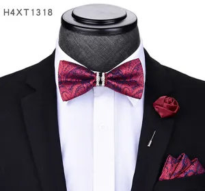 Vista dettagliata di set cravatta a farfalla paisley pochette e spilla da sposo.