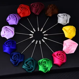 Colorful satin rose lapel pin set for wedding, groom boutonniere and party event decoration.