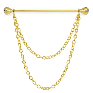 Gold tone metal shirt collar pin with double draped chains and crystal rhinestone ends.
