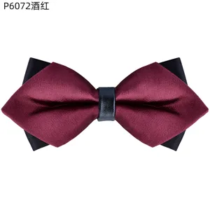 Detailed close-up of a wine red and black double layer sharp corner bow tie for men's formal suits.