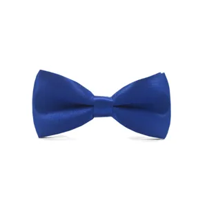 Blue satin bow tie detail close up, smooth fabric texture, elegant children accessory
